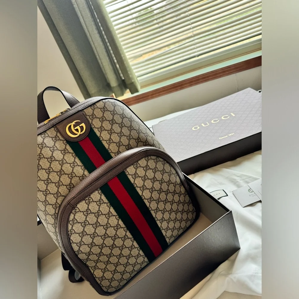 Gucci Beige GG Canvas Backpack with Brown Leather and Red/Green Web